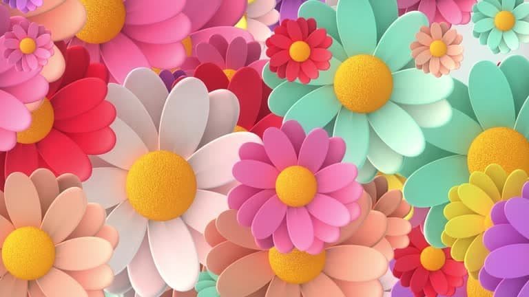 3d animation looped animated background of randomly rotating colorful flowers